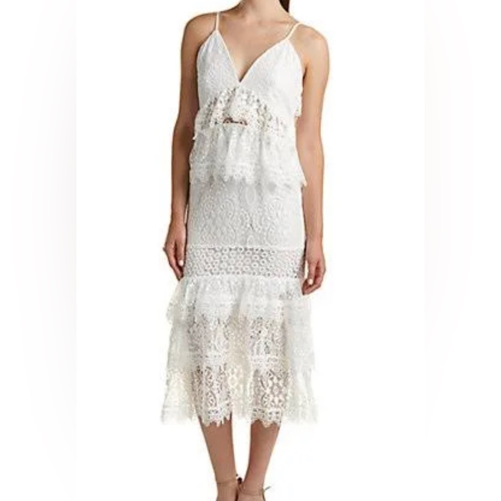 KENDALL & KYLIE Womens Tiered Lace Ruffled Festival Dress Ivory V Neck Size L